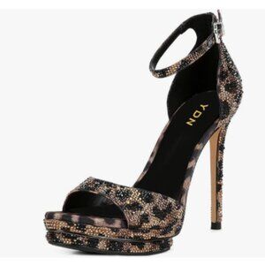 YDN Leopard Studded Stiletto High Heels Platform Ankle Strap Open Toe Sandals